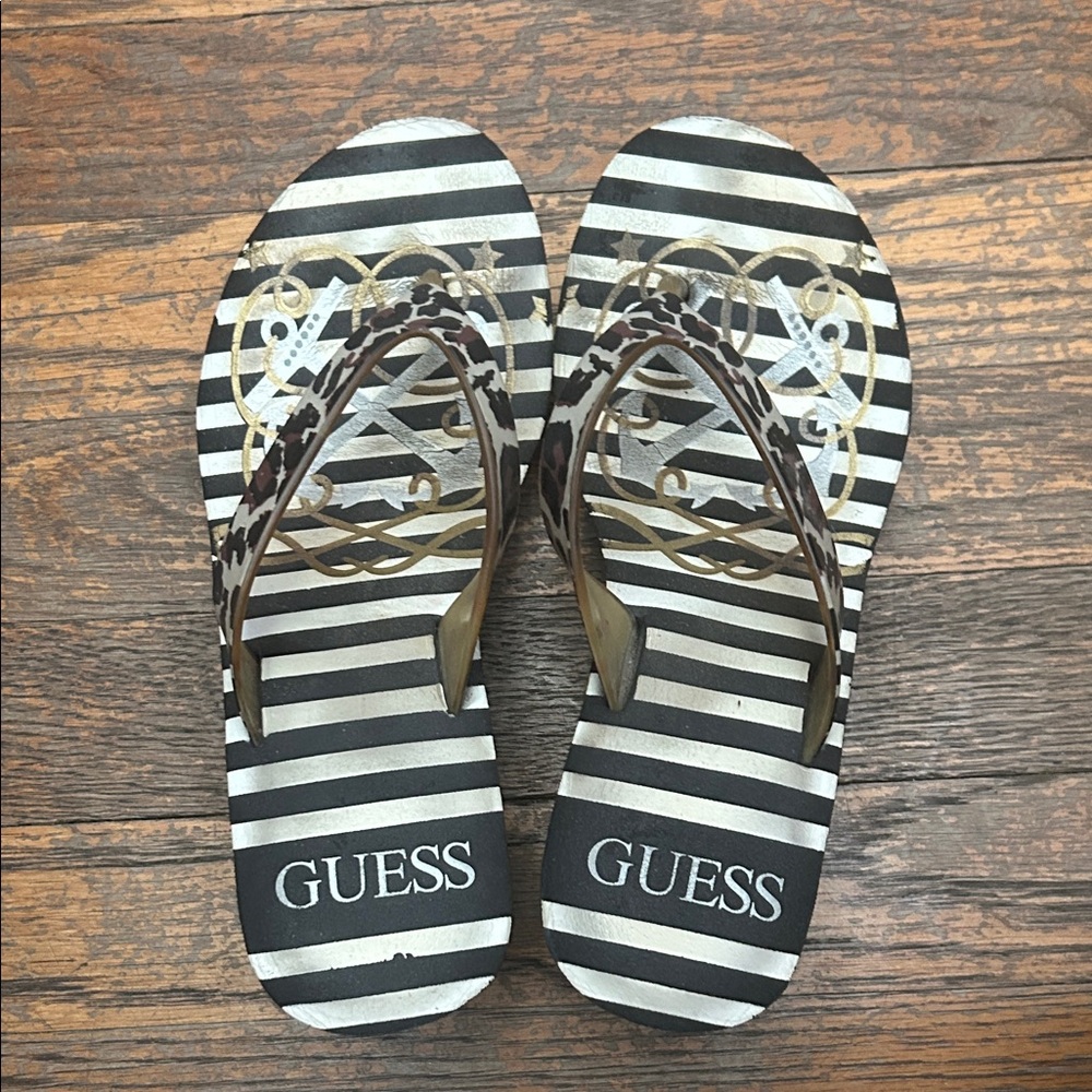 Guess Black & White Striped Wedgies with Gold Accent